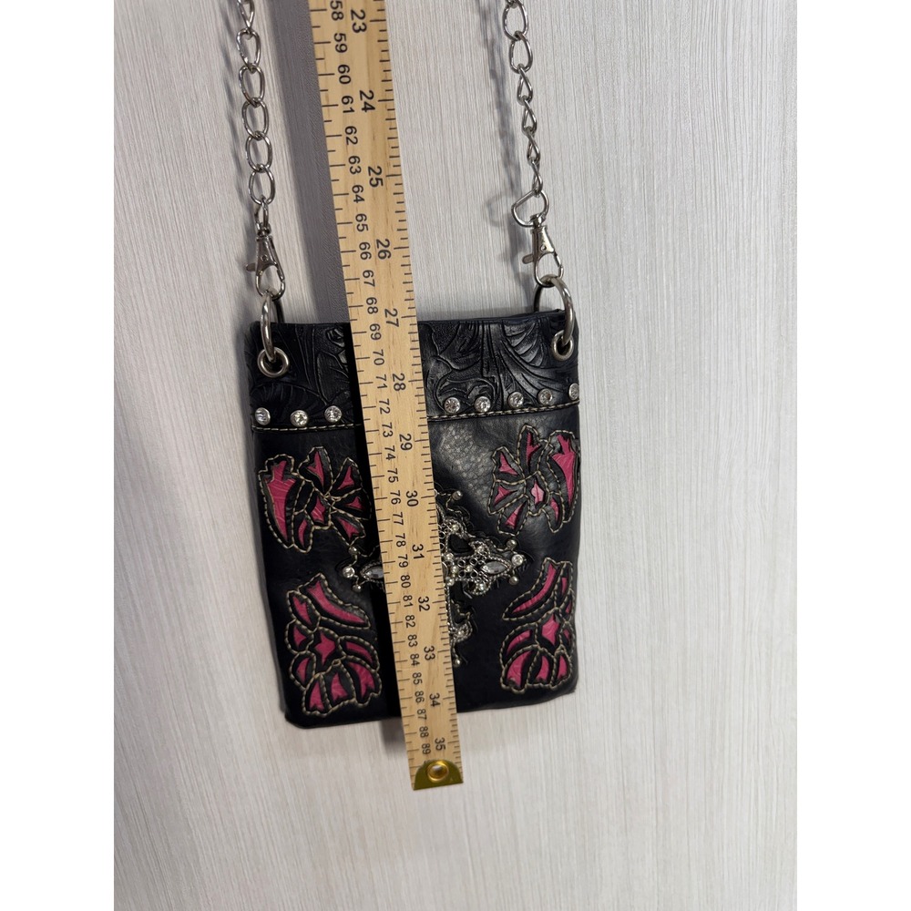 Western Black Pink Floral Cross Rhinestone Crossbody Phone Bag Chain Strap - Picture 6 of 14